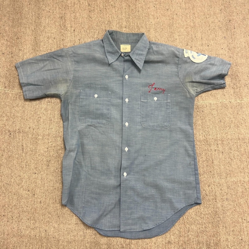 Vintage JC Penny Big Mac Button Up Shirt Mens Large Blue 1960s Chain Stitch Iowa